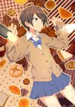  arm_grab bow brown_eyes brown_hair cardigan food highres open_mouth original sama school_uniform short_hair smile 