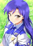  close-up heart idolmaster idolmaster_(classic) idolmaster_shiny_festa kisaragi_chihaya looking_at_viewer miri_(ago550421) purple_hair ribbon smile solo upper_body yellow_eyes 