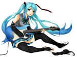  aqua_hair boot_removed boots boots_removed bow bowtie detached_sleeves electric_guitar full_body guitar hair_ribbon hatsune_miku instrument long_hair ribbon shoes simple_background single_shoe sitting skirt solo thighhighs toeless_legwear twintails very_long_hair vocaloid white_background yuki_tarou 