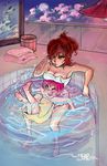  artist_request bathing bathtub breasts cleavage hair_over_one_eye large_breasts long_hair multiple_girls naked_towel parasoul_(skullgirls) partially_submerged pink_hair red_hair short_hair siblings sisters skullgirls towel umbrella_(skullgirls) yellow_eyes 