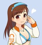  bikini_top blush breasts brown_eyes brown_hair cleavage headset heart idolmaster idolmaster_cinderella_girls jacket jewelry long_hair medium_breasts necklace nitta_minami open_clothes open_jacket oza_watto parted_lips smile solo upper_body visor_cap 