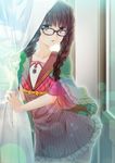  bangs black-framed_eyewear braid brown_eyes brown_hair curtains dress frilled_dress frills glasses hair_over_shoulder long_hair original parted_lips pinstripe_pattern plaid sailor_collar school_uniform short_sleeves solo striped twin_braids window yanagi_akira 