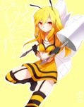  antennae bee_girl beedrill blonde_hair breasts cleavage dress garter_straps gen_1_pokemon highres insect_girl long_hair medium_breasts monster_girl personification pokemon red_eyes solo striped striped_legwear takeshima_(nia) thighhighs wings yellow_background 