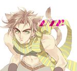  animal_ears bad_id bad_pixiv_id bow brown_hair cat_ears cat_tail crop_top fingerless_gloves gloves green_eyes jojo_no_kimyou_na_bouken joseph_joestar_(young) kemonomimi_mode male_focus midriff navel s_gentian scarf solo striped striped_scarf tail 