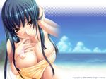  1girl adjusting_hair ane_summer_2 blue_hair blush breasts brown_eyes cleavage cloud clouds condom cum cum_in_mouth fujisaka_kuuki game_cg large_breasts long_hair looking_at_viewer nude ocean outdoors sky smile solo sweat towel used_condom wallpaper water 