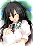  black_hair blush bow cape dd_mayohara egg hair_bow happy long_hair mother_and_daughter reiuji_utsuho smile solo third_eye touhou 