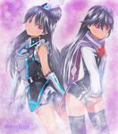  alternate_costume artist_name bike_shorts black_hair dual_persona hat_feather kuroki_rei mayo_riyo multiple_girls palette_suit purple_eyes scarf short_shorts shorts thighhighs traditional_media vividred_operation what_if 