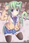  absurdres animal_ears bad_id bad_pixiv_id black_legwear blue_eyes blush breasts cardigan cat_ears cat_tail frog_hair_ornament green_hair hair_ornament highres kaiba-san_@kc kochiya_sanae long_hair medium_breasts sitting skirt smile snake_hair_ornament solo tail thighhighs touhou wariza 