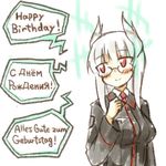  blush breasts cyrillic english german glasses gloves happy_birthday hatopoo_(beach7pijon) heidimarie_w_schnaufer hirschgeweih_antennas large_breasts long_hair military military_uniform red_eyes russian smile solo strike_witches translated uniform white_hair world_witches_series 