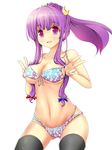  alternate_hairstyle bikini black_hair black_legwear blue_bikini braid breasts cleavage crescent crescent_hair_ornament double_v floral_print front-tie_top fukunaga_kazuhiro hair_ornament hair_ribbon highres long_hair medium_breasts open_mouth parted_lips patchouli_knowledge ponytail purple_eyes purple_hair ribbon shiny shiny_skin simple_background smile solo strap_pull swimsuit thighhighs touhou v 