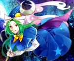  bow breasts dress ghost_tail green_hair hat hat_bow large_breasts long_hair mima red_eyes smkd2 solo staff star touhou touhou_(pc-98) wizard_hat 