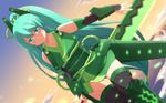  aqua_hair bare_shoulders cloud dutch_angle elbow_gloves gauntlets gloves glowing greaves green_eyes highres japanese_clothes long_hair sky solo sunset sword tachimi_(basue) thighhighs vividgreen vividred_operation weapon 