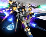  energy_beam funnels glowing glowing_eyes gundam gundam_seed gundam_seed_destiny hiropon_(tasogare_no_puu) mecha no_humans solo space strike_freedom_gundam yellow_eyes 