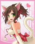  :d animal_ears blush breasts brown_hair cat_ears cat_tail choker fang green_eyes hair_ribbon heart idolmaster idolmaster_cinderella_girls large_breasts looking_at_viewer maekawa_miku miruki open_mouth ponytail ribbon smile solo tail 