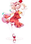  ascot bad_anatomy bad_id bad_pixiv_id blonde_hair blush coin crystal extacchiman flandre_scarlet hat highres open_mouth pantyhose red_eyes ribbon short_hair side_ponytail skirt smile solo touhou white_legwear wings 