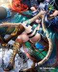  blue_hair boots breasts clock cross-laced_footwear feather_boa heterochromia key long_hair medium_breasts navel solo thigh_strap unmei_no_clan_battle yana_(nekoarashi) 