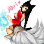  ahri animal_ears braid character_name facial_mark fox_ears fox_tail heart highres kumiko_shiba league_of_legends looking_at_viewer solo tail whisker_markings yellow_eyes 