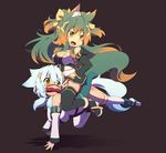  animal_ears blue_hair boots breasts cleavage detached_sleeves fang gradient_hair green_eyes green_hair kuromiya kuromiya_raika large_breasts long_hair multicolored_hair multiple_girls open_mouth orange_hair original pony_play riding shiromiya_asuka sitting sitting_on_person tail thigh_boots thighhighs 