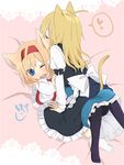  alice_margatroid animal_ears black_legwear blonde_hair blush capelet cat_ears cat_tail closed_eyes hairband kirisame_marisa licking long_hair multiple_girls no_hat no_headwear one_eye_closed open_mouth pantyhose short_hair tail touhou tsuno_no_hito wince yuri 