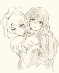  ayase_eli bow breast_grab breasts grabbing hair_bow large_breasts long_hair love_live! love_live!_school_idol_project minamon_(vittel221) monochrome multiple_girls necktie ponytail smile toujou_nozomi twintails yuri 