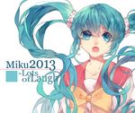  2013 blue_eyes character_name copyright_name dj.adonis green_hair hatsune_miku highres long_hair lots_of_laugh_(vocaloid) open_mouth sailor_collar scrunchie simple_background solo twintails vocaloid white_background 