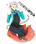  animal_ears blue_eyes blush bow cat_ears cat_tail devil_may_cry extra_ears haine_(howling) kemonomimi_mode long_coat male_focus solo tail vergil white_hair 
