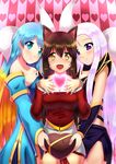  ahri animal_ears blonde_hair blue_hair blush bracer breasts brown_eyes brown_hair cleavage detached_sleeves dress facial_mark fang fox_ears fox_tail heart large_breasts lavender_hair league_of_legends long_hair medium_breasts multicolored_hair multiple_girls multiple_tails open_mouth purple_eyes skirt smile sona_buvelle syndra tail two-tone_hair valentine very_long_hair whisker_markings xano 