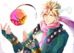  black_hair blonde_hair bubble caesar_anthonio_zeppeli facial_mark feathers fxaprince green_eyes green_jacket hair_feathers jacket jewelry jojo_no_kimyou_na_bouken male_focus ribbon ring scarf solo 