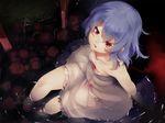  bare_shoulders blood blood_in_mouth blue_hair downblouse from_above looking_at_viewer looking_up no_hat no_headwear partially_submerged red_eyes remilia_scarlet short_hair solo touhou water yuuji_(yukimimi) 