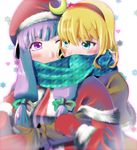  alice_margatroid blonde_hair blue_eyes blush bow capelet cheek-to-cheek crescent hair_bow hairband hat hug hug_from_behind jii_baa long_hair mittens multiple_girls one_eye_closed patchouli_knowledge purple_eyes purple_hair santa_costume santa_hat scarf shared_scarf sidelocks touhou winter_clothes yagasuri yuri 