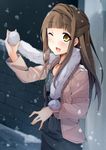  ;d brown_eyes brown_hair coat half_updo highres love_live! love_live!_school_idol_project minami_kotori's_mother one_eye_closed open_mouth oruto_(ort+) scarf smile snowing solo 