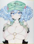  blue_eyes blue_hair blush breasts covered_nipples fingerless_gloves gloves hair_bobbles hair_ornament hat kawashiro_nitori key large_breasts navel okiraku_nikku open_clothes open_vest shikishi short_hair solo touhou traditional_media two_side_up upper_body vest 