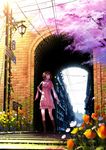  bad_id bad_pixiv_id black_eyes brown_hair cherry_blossoms directional_arrow dress flower lamppost lantern looking_back mogumo open_mouth original petals power_lines scarf scenery short_hair sign snowing snowman solo tunnel 