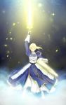  absurdres ahoge armor armored_dress artoria_pendragon_(all) avalon_(fate/stay_night) blonde_hair dress excalibur fate/zero fate_(series) faulds gauntlets glowing glowing_sword glowing_weapon highres q_q_958023 saber solo sword weapon 