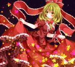  bow breasts dress dress_lift frills front_ponytail green_eyes green_hair hair_bow hair_ribbon kagiyama_hina leaf medium_breasts mogu_(au1127) ribbon solo star_(sky) touhou 