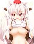  :3 animal_ears apron bad_id bad_twitter_id breasts fang hajime_(ak-r) hat inubashiri_momiji large_breasts naughty_face red_eyes shirt_pull solo tail tokin_hat touhou underboob white_hair wolf_ears wolf_tail 
