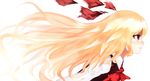  alternate_hair_length alternate_hairstyle black_dress blonde_hair dress hair_ribbon long_hair long_sleeves profile red_eyes ribbon rumia seal shirt simple_background solo torn_ribbon touhou upper_body white_background wind yosu 