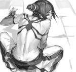  ass back bare_shoulders barefoot detached_sleeves drill_hair fingerless_gloves from_behind gloves greyscale halter_top halterneck han_juri looking_back mana30row monochrome solo squatting street_fighter street_fighter_iv_(series) toned twin_drills 