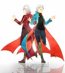  blue_eyes blue_jacket boots devil_may_cry dual_persona haine_(howling) jacket long_coat multiple_boys palette_swap red_jacket short_hair vergil white_hair 