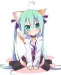  :&lt; ahoge animal_ears bell bell_collar cat_ears cat_tail collar green_eyes green_hair hatsune_miku highres jingle_bell long_hair necktie simple_background sitting skirt solo tail thighhighs torinannkotsukushi twintails very_long_hair vocaloid wariza white_background 