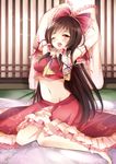  ascot bandages bow breasts brown_hair detached_sleeves hair_bow hair_tubes hakurei_reimu highres medium_breasts midriff open_mouth red_eyes ribbon short_hair sitting skirt solo touhou ukita_uuko yawning 