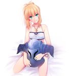  aqua_eyes bare_shoulders blonde_hair blush collarbone fate/apocrypha fate_(series) helm helmet midriff mordred_(fate) mordred_(fate)_(all) parted_lips ponytail short_hair simple_background sitting smile solo tusia 