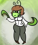  2017 :3 antennae anthro arthropod big_breasts biped blade_arm breasts brown_eyes brown_hair clothed clothing curled_antennae digital_drawing_(artwork) digital_media_(artwork) dr._katy dress_shirt female footwear front_view full-length_portrait fully_clothed green_background green_body green_theme hair insect katydid knock_kneed mandibles milk-knight non-mammal_breasts orthopterid pants portrait shirt shoes short_hair simple_background smile solo spines standing toony 