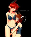  animal_ears bikini black_background blush bow braid breasts brown_eyes brown_hair cat_ears cat_tail chen cleavage extra_ears hair_bow highres jewelry kaenbyou_rin large_breasts long_hair looking_at_viewer mizuga multiple_girls navel one-piece_swimsuit pointy_ears red_eyes red_hair short_hair simple_background single_earring swimsuit tail touhou translated troll_face twin_braids 