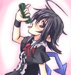  ahoge black_dress black_hair bow dress food houjuu_nue ichimi makizushi open_mouth pointy_ears red_eyes sexually_suggestive short_hair solo sushi tongue touhou wings 