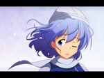  blue_eyes blue_hair cato_(monocatienus) cherry_blossoms commentary hat letterboxed letty_whiterock one_eye_closed open_mouth perfect_cherry_blossom petals scarf solo touhou white_scarf wind 