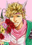  bad_id bad_pixiv_id blonde_hair bouquet caesar_anthonio_zeppeli facial_mark feathers flower green_eyes green_jacket grin hair_feathers headband ito_(e10_e10) jacket jojo_no_kimyou_na_bouken lily_of_the_valley lips male_focus petals pink_background red_flower red_rose rose smile solo teeth upper_body 