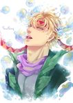  blonde_hair bubble bubble_blowing caesar_anthonio_zeppeli dkaki facial_mark green_eyes green_jacket headband highres jacket jojo_no_kimyou_na_bouken male_focus scarf solo 