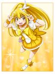  big_hair bike_shorts blonde_hair boots bow cure_peace double_v earrings hair_flaps hair_ornament highres jewelry kise_yayoi long_hair magical_girl precure shorts shorts_under_skirt skirt smile_precure! solo v very_long_hair watanabe_(yellow_comet_ap1) wrist_cuffs yellow yellow_bow yellow_eyes yellow_shorts yellow_skirt 