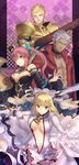  2girls aestus_estus ahoge animal_ears archer armor bare_shoulders blonde_hair bodysuit bow breasts brown_eyes center_opening cleavage collar dark_skin detached_sleeves ea_(fate/stay_night) earrings fate/extra fate/extra_ccc fate_(series) fox_ears fox_tail ganov gilgamesh green_eyes hair_bow hair_ribbon hat highres jacket jewelry large_breasts leather leather_jacket lock md5_mismatch mini_hat mini_top_hat multiple_boys multiple_girls nero_claudius_(bride)_(fate) nero_claudius_(fate)_(all) padlock pink_hair red_eyes red_jacket ribbon sword tail tamamo_(fate)_(all) tamamo_no_mae_(fate) top_hat twintails veil weapon white_hair yellow_eyes 